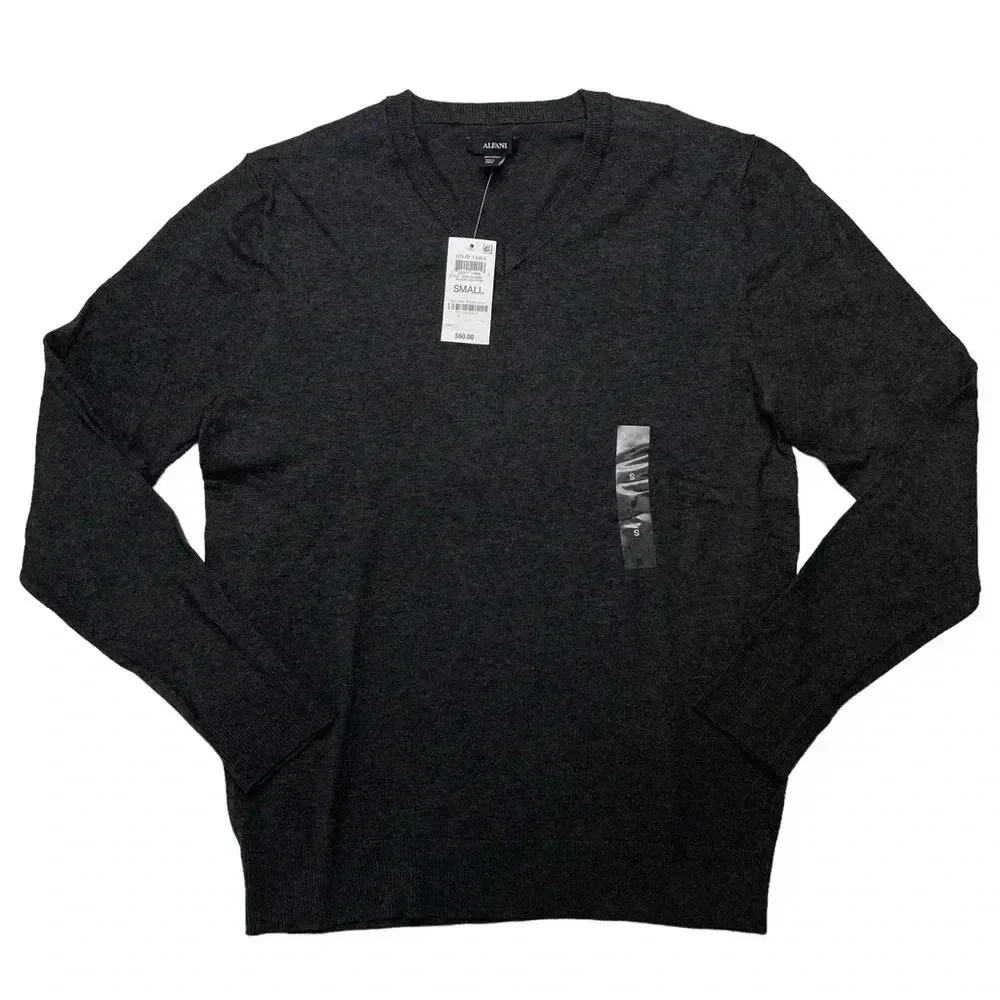 Alfani Solid Table Cotton Blend Dark Grey V-Neck Classic Fit Mens Sweater - Picture 2 of 10